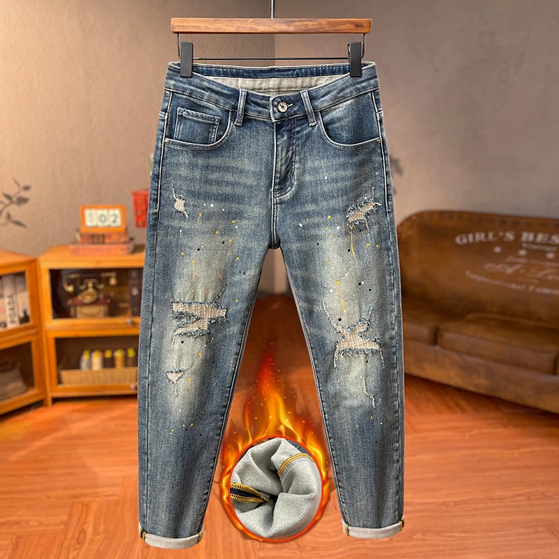 高端时尚潮牌冬季加绒加厚牛仔裤男款痞帅个性假破洞微锥小脚长裤