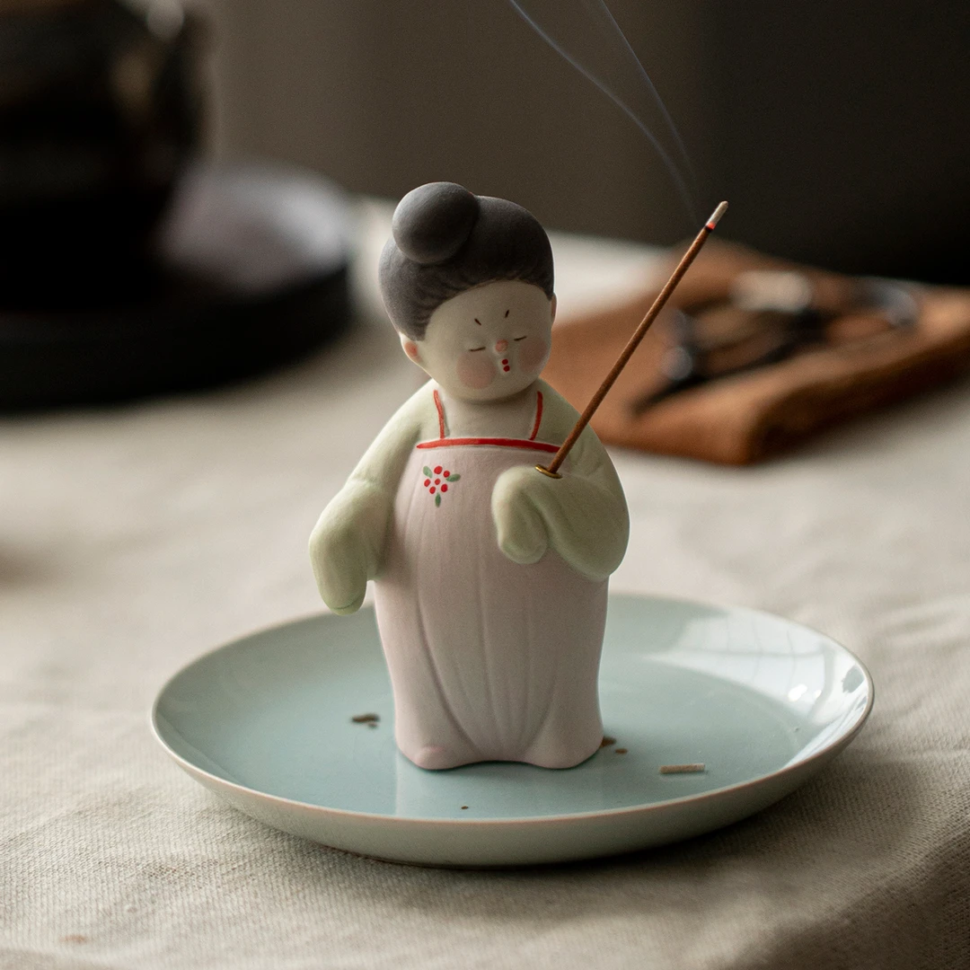 古风小唐妞仕女陶瓷香插创意手工线香插香座香道茶道装饰摆件配件