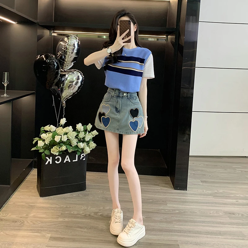 时髦气质假两件拼接条纹马甲T恤套装女夏季休闲刺绣牛仔裙裤显瘦