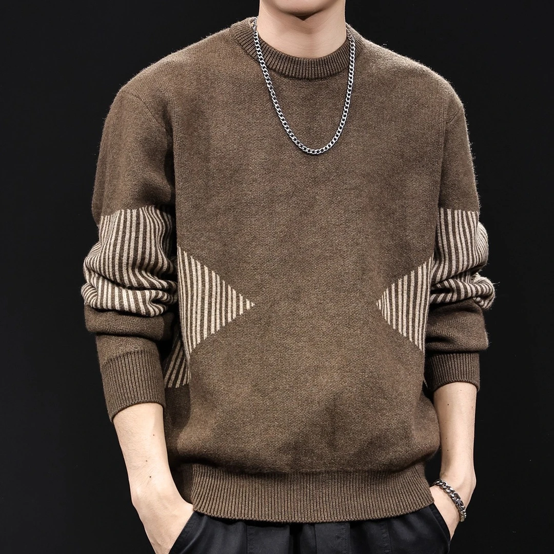 重磅细腻毛衣男冬季新款慵懒风条纹针织潮牌保暖大码男士秋冬