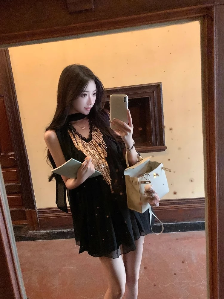 向晚·重工亮片纯欲慵懒宽松飘带遮肉雪纺连衣裙女
