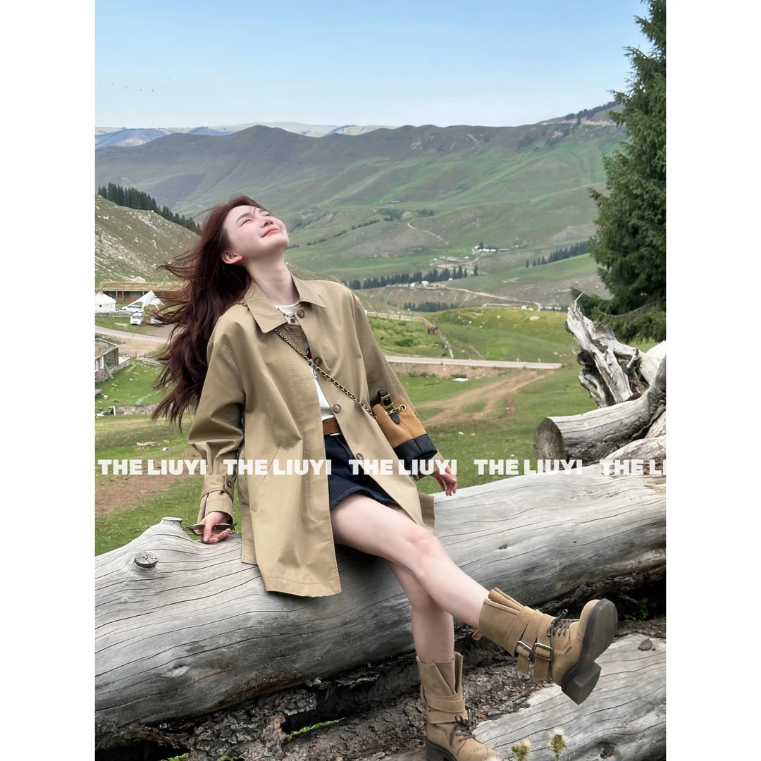 【LIUYI】高级感英伦风中长款翻领风衣外套572625