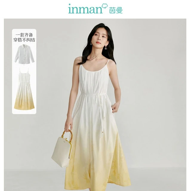 茵曼法式印花丁达尔吊带裙女2024年夏季新款系带收腰渐变连衣裙