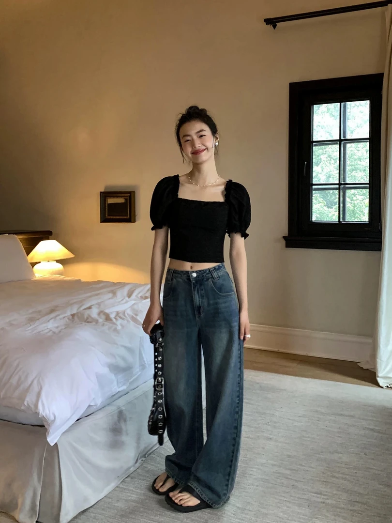 9066美式复古阔腿牛仔裤女夏季新款高腰显瘦宽松拖地休闲裤子