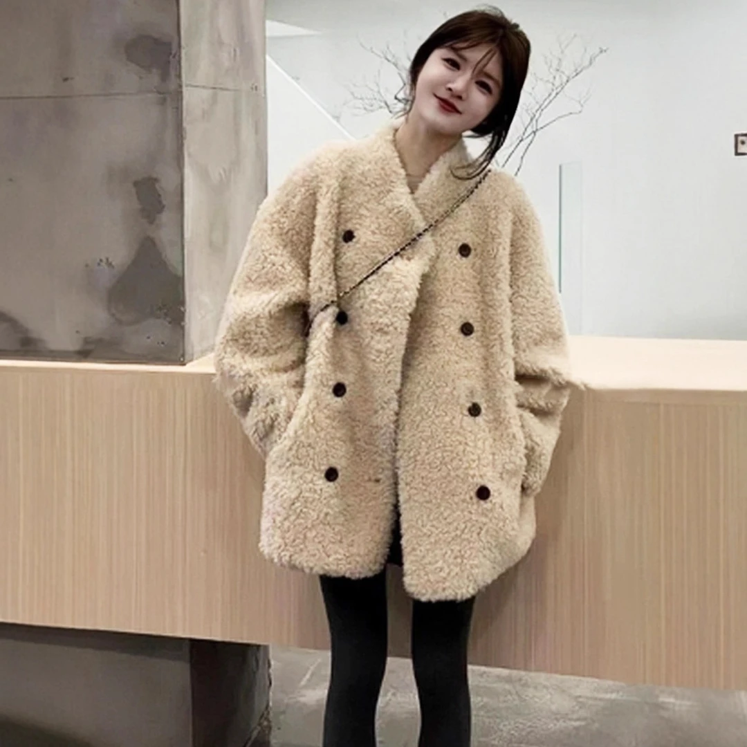 高级感韩系双排扣加厚羊羔毛外套女2025秋冬V领设计感一体绒上衣