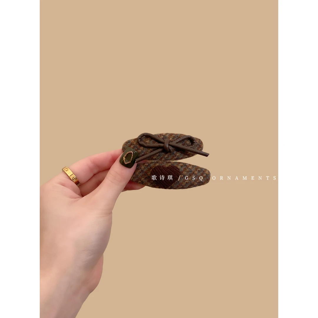 秋冬美拉德针织格纹bb夹覆古爱心蝴蝶结碎发夹边夹侧边刘海夹子