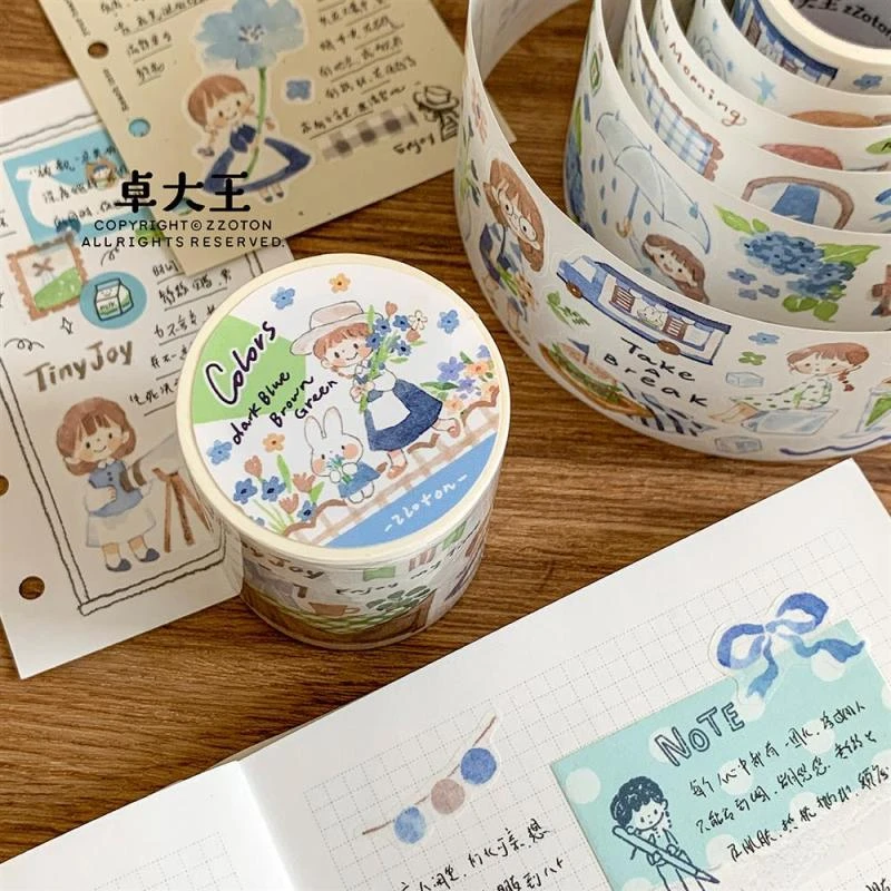 卓大王【阿卓配色系列胶带】海蓝森绿茶棕色模切拼贴素材手绘贴纸