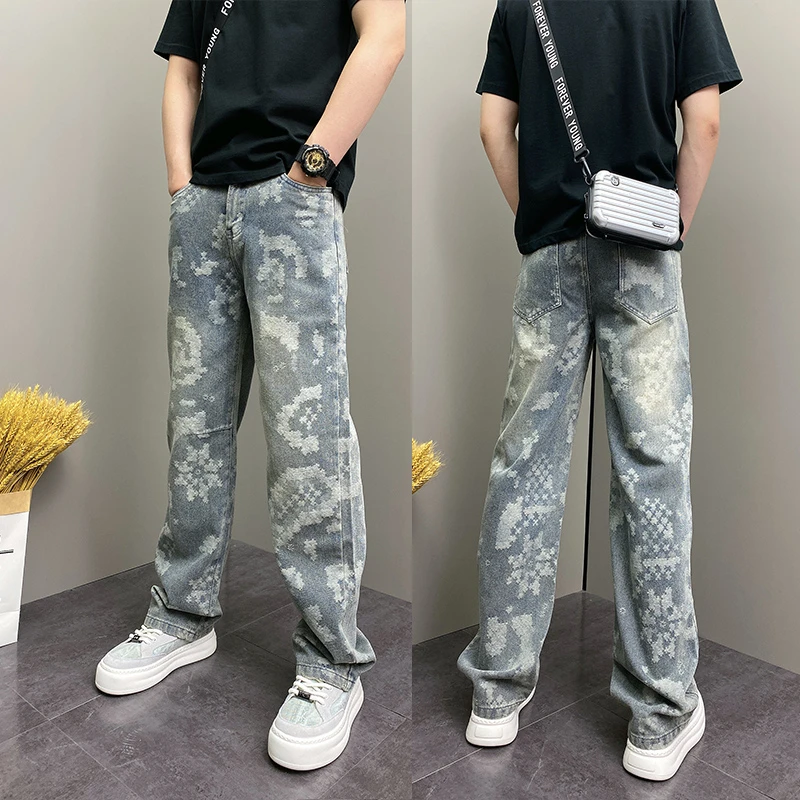 重磅美式高街提花潮牌阔腿牛仔裤男士宽松直筒垂感个性图案设计感