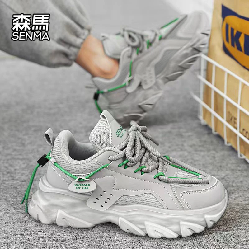 SENMA/森马男鞋网红潮流纯色圆头厚底网面鞋透气休闲运动老爹鞋男