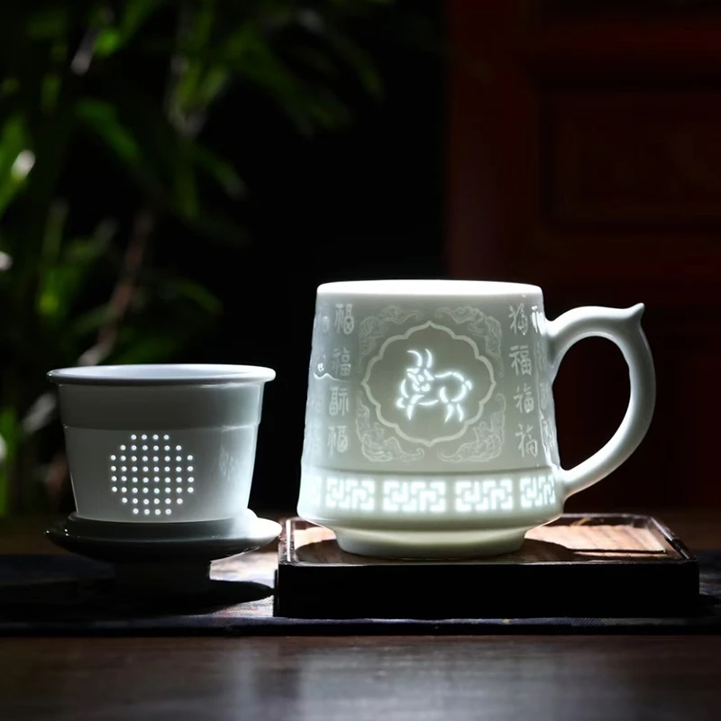 景德镇生肖杯子陶瓷泡茶杯茶水分离杯办公室大容量过滤水杯送礼物