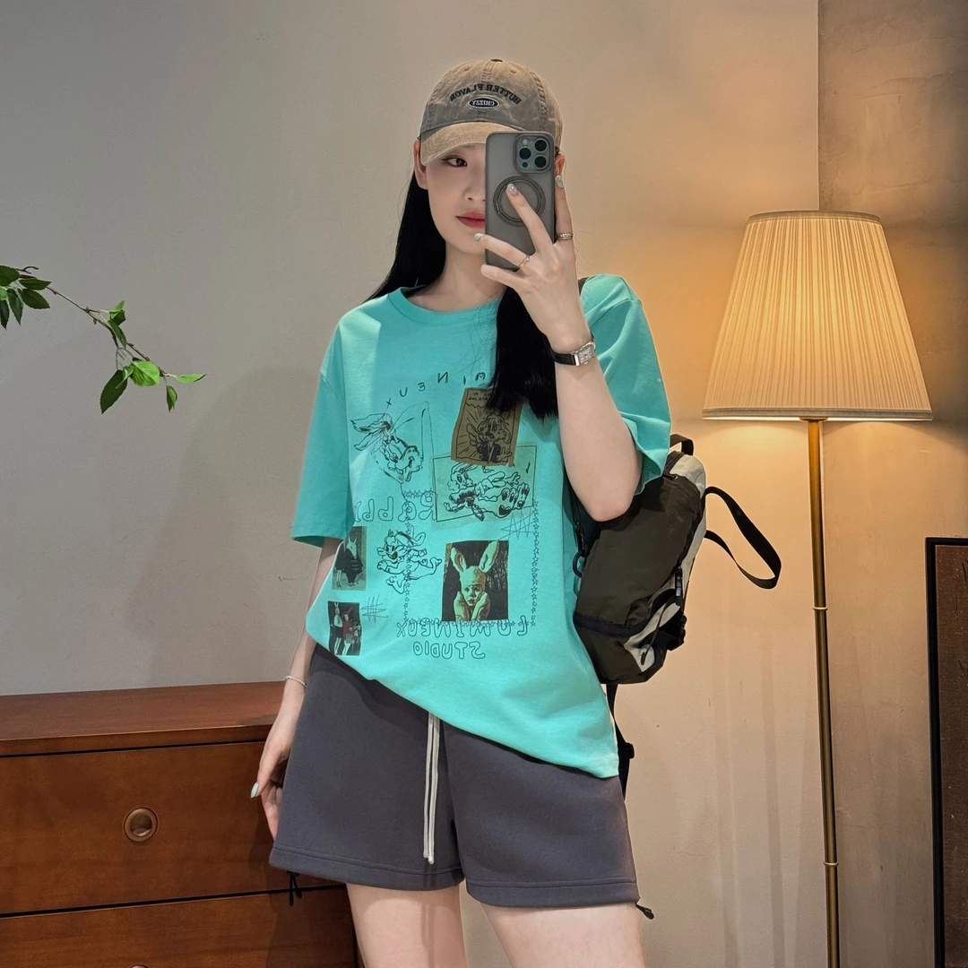 今婷时尚休闲百搭潮流简约高级宽松圆领兔子印花大版T-M25201404