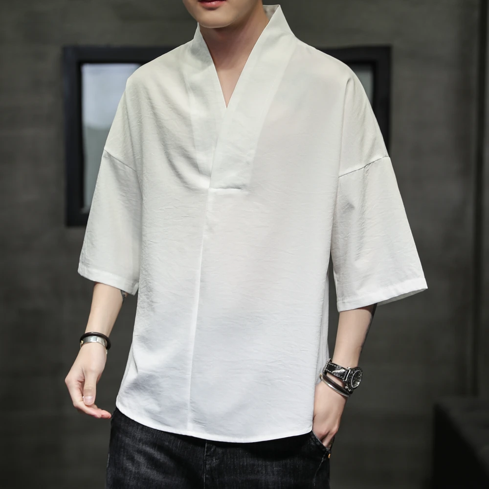 夏装新款冰丝乱麻休闲汉服中国风大码T恤5934