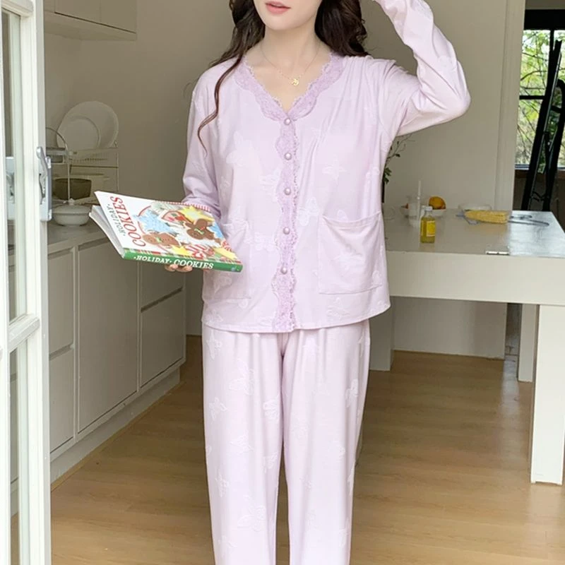 带胸垫春秋季提花棉睡衣女款2025新款蕾丝套装甜美风可外穿家居服
