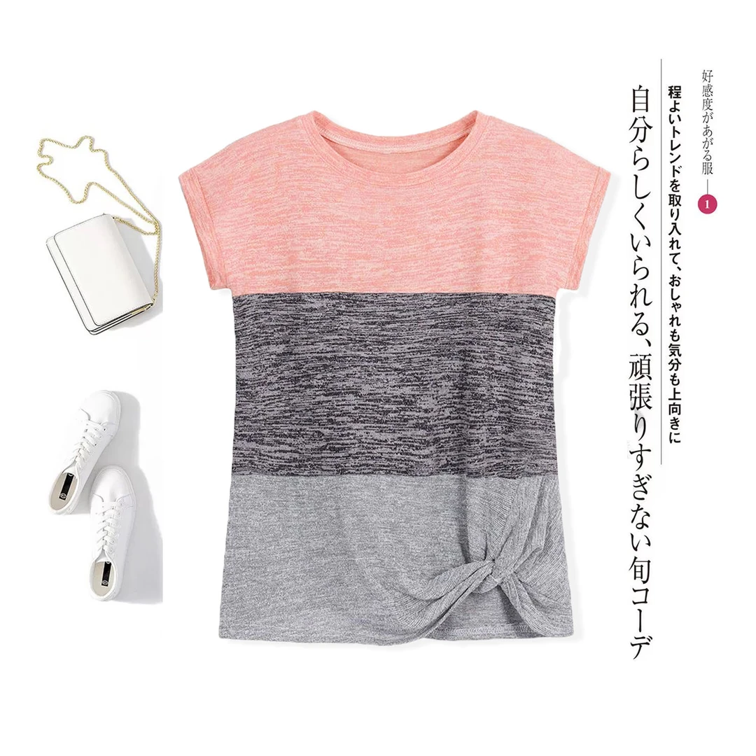 外贸订单！欧美撞色女士圆领不规则扭结蝙蝠袖拼接拼色T恤ZJ545