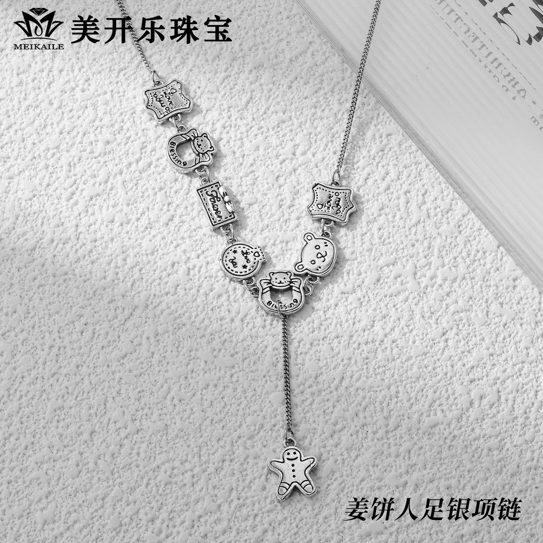 坠链均足银 姜饼人项链美开乐可调节动漫可爱时尚卡通纯银项链