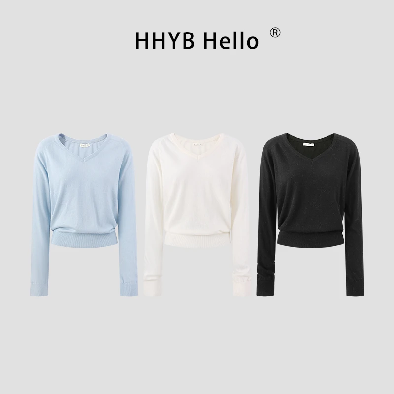HHYB Hello韩系别致V领针织衫2025新款宽松显瘦轻熟百搭上衣M1179