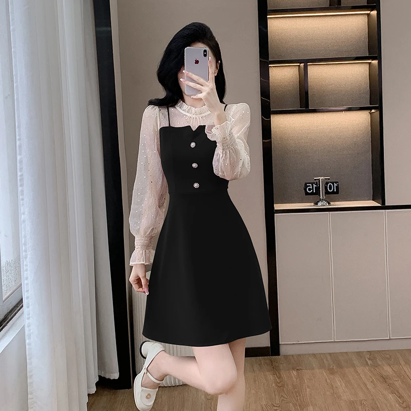 法式漂亮独特连衣裙女秋冬小个子气质收腰显瘦网纱拼接假两件短裙