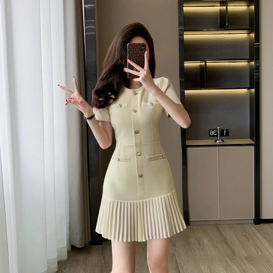 A【有里布】法式连衣裙女夏富家千金感轻奢气质收腰设计百褶裙D1581