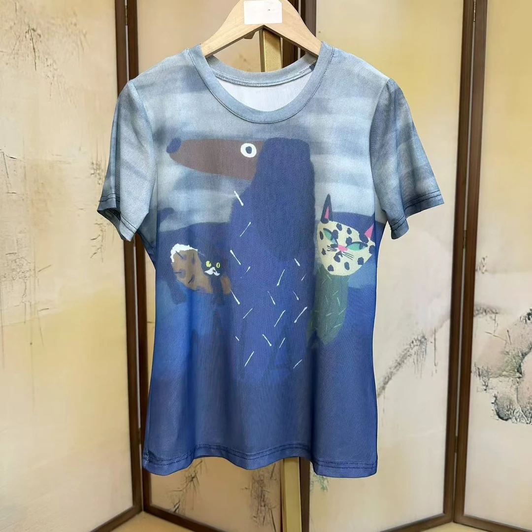 萌宠抽象画短袖网纱小衫