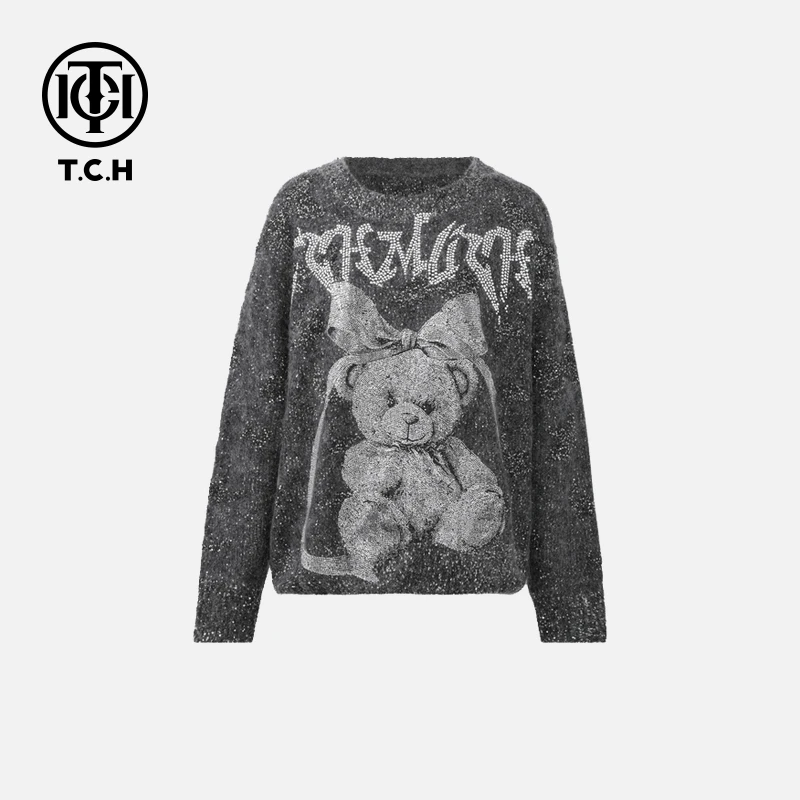 TCH【时尚气质】25新款含羊毛小熊烫钻女灰色毛针织衫T72C09E5056