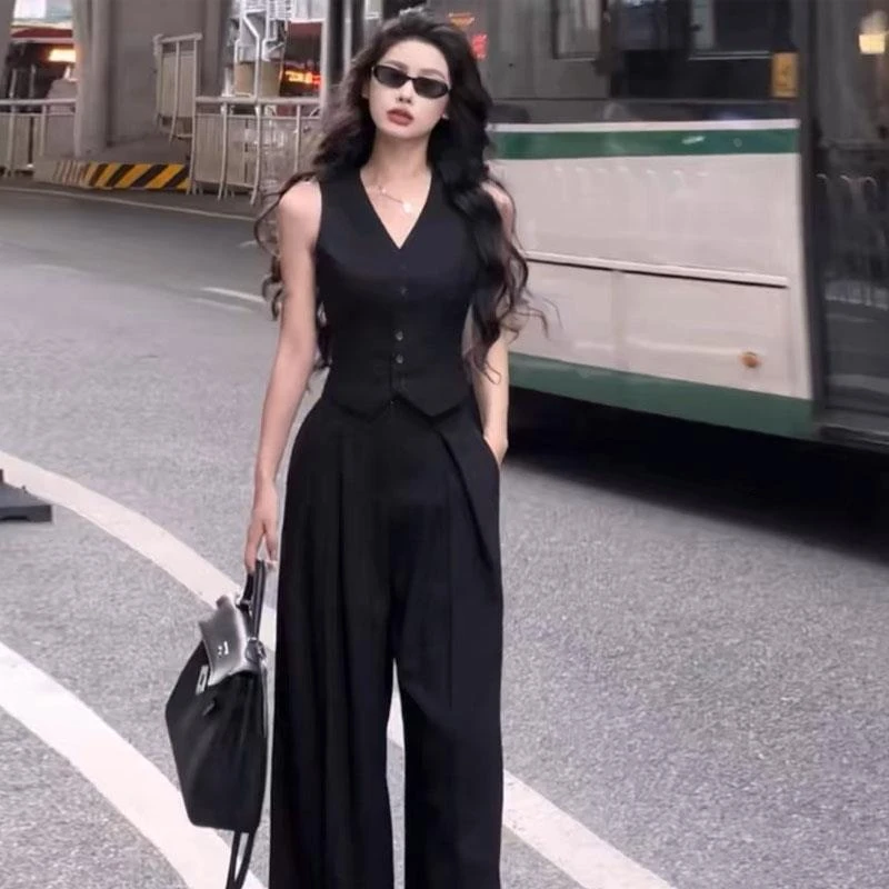 V领西装马甲背心女夏季短款无袖上衣内搭修身复古港风高级感套装