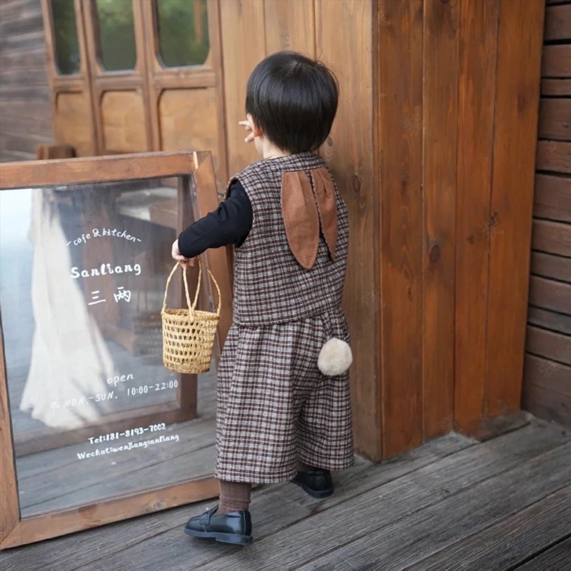 巴拉巴拉男孩女孩男女儿童格纹毛呢套装秋冬季新款兔子耳朵马甲外