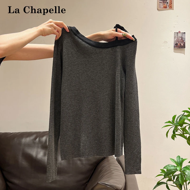 拉夏贝尔撞色斜领蝴蝶结单肩带针织长袖T恤女秋季松弛感修身上衣