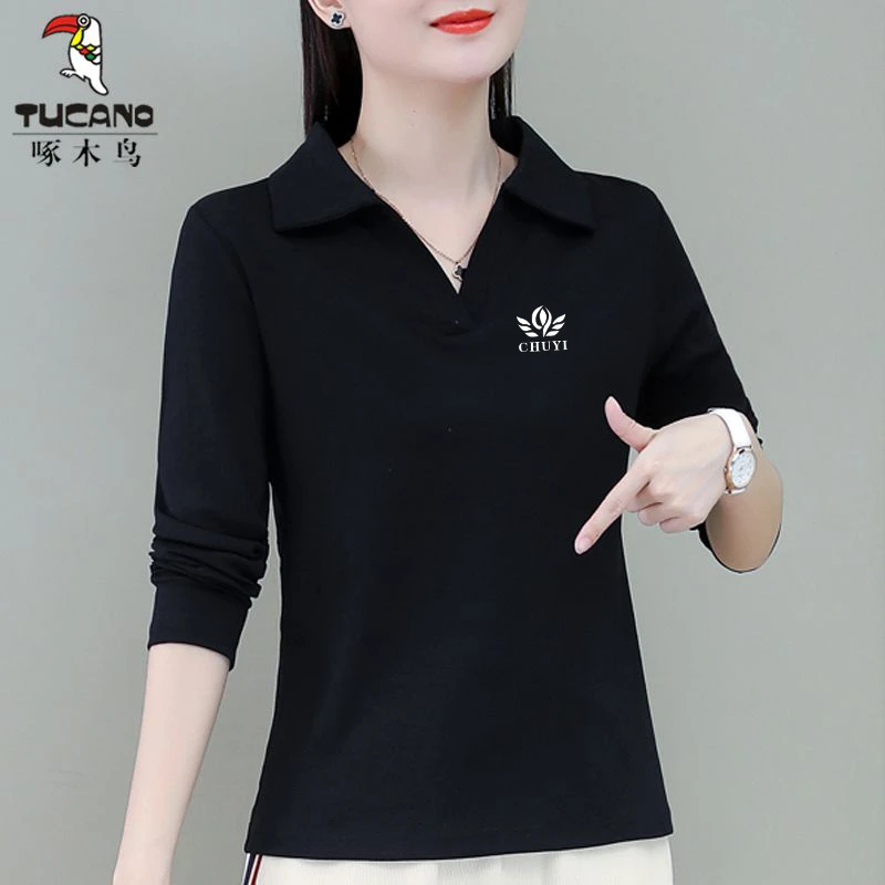 2025年春秋季长袖休闲t恤女显瘦翻领polo衫减龄时尚洋气上衣新款