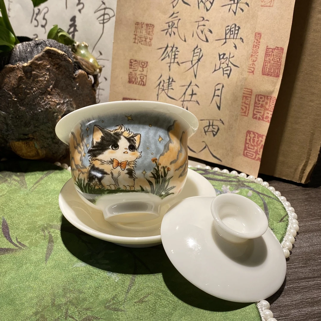 白瓷星空猫&熊猫盖碗（可悬停）