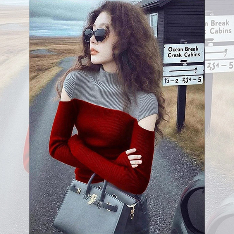 独特漂亮假两件内搭小衫针织打底衫洋气高贵半高领镂空上衣女秋冬