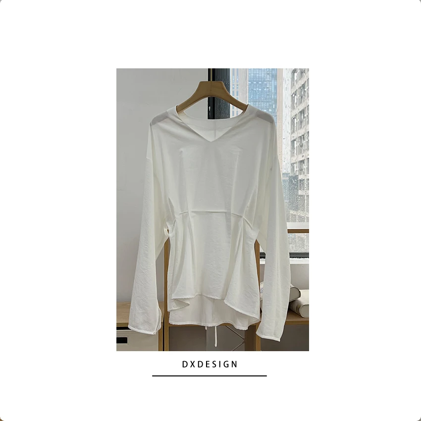 高定春夏新品复古松弛感苎麻混纺小众设计长袖系带收腰宽松衬衫女