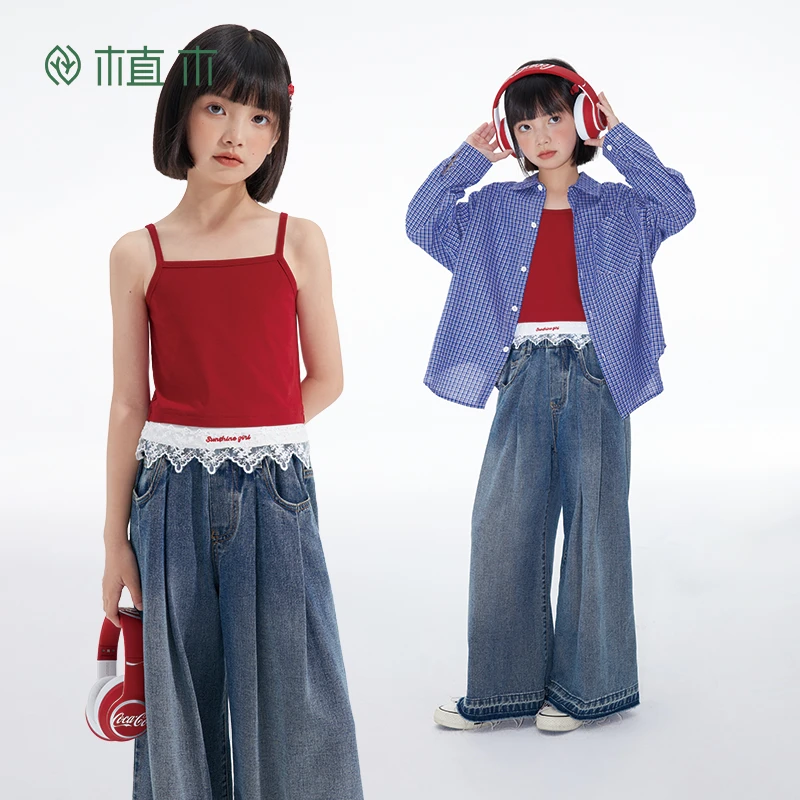 植木童装女童背心25春季新款中大童假两件上衣吊带背心15D013077