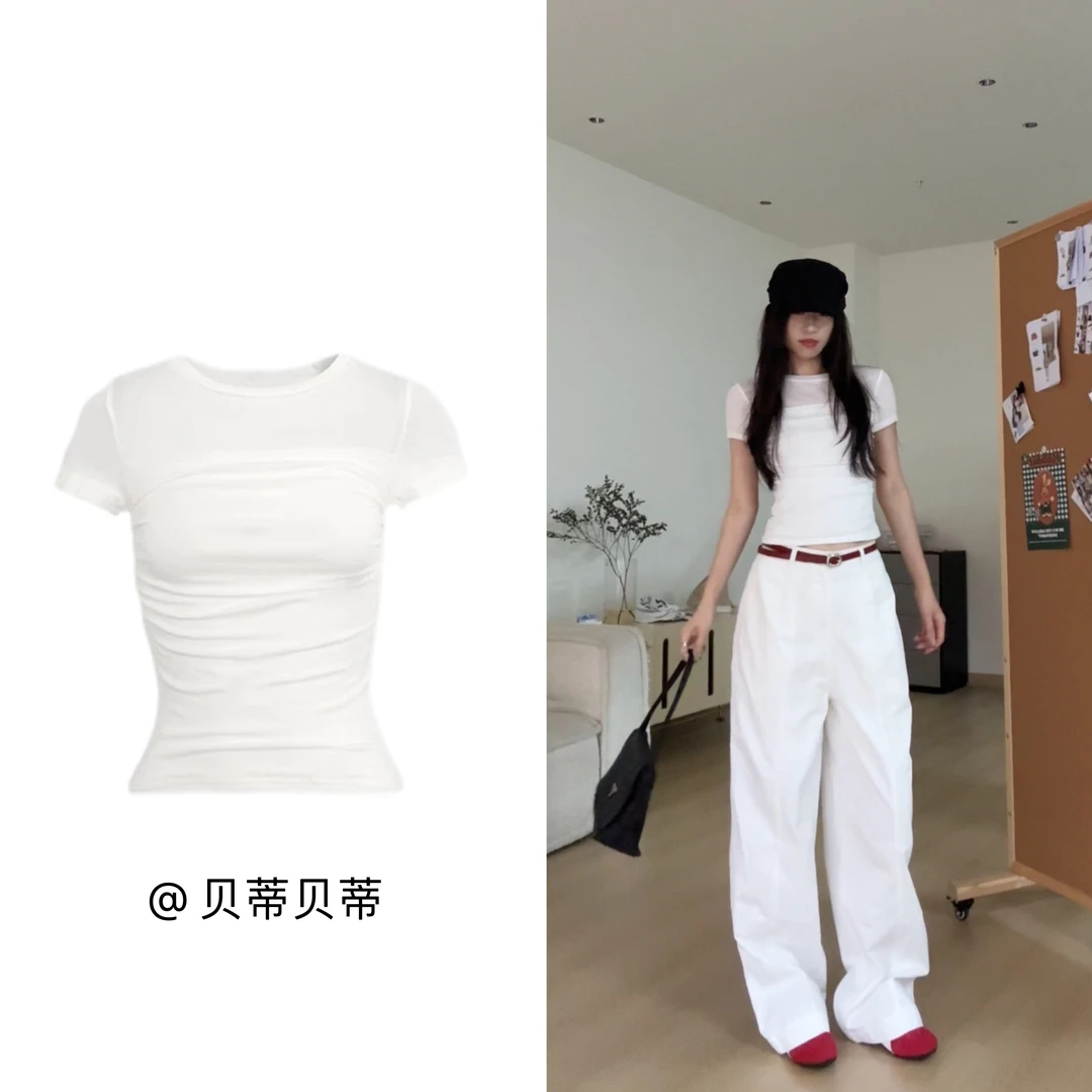 白色正肩网纱拼接褶皱短袖T恤女潮夏季独特掐腰修身辣妹短款T上衣