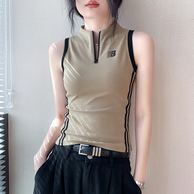 拉链立领背心女2025春夏新款修身字母内搭打底衫双色运动无袖上衣