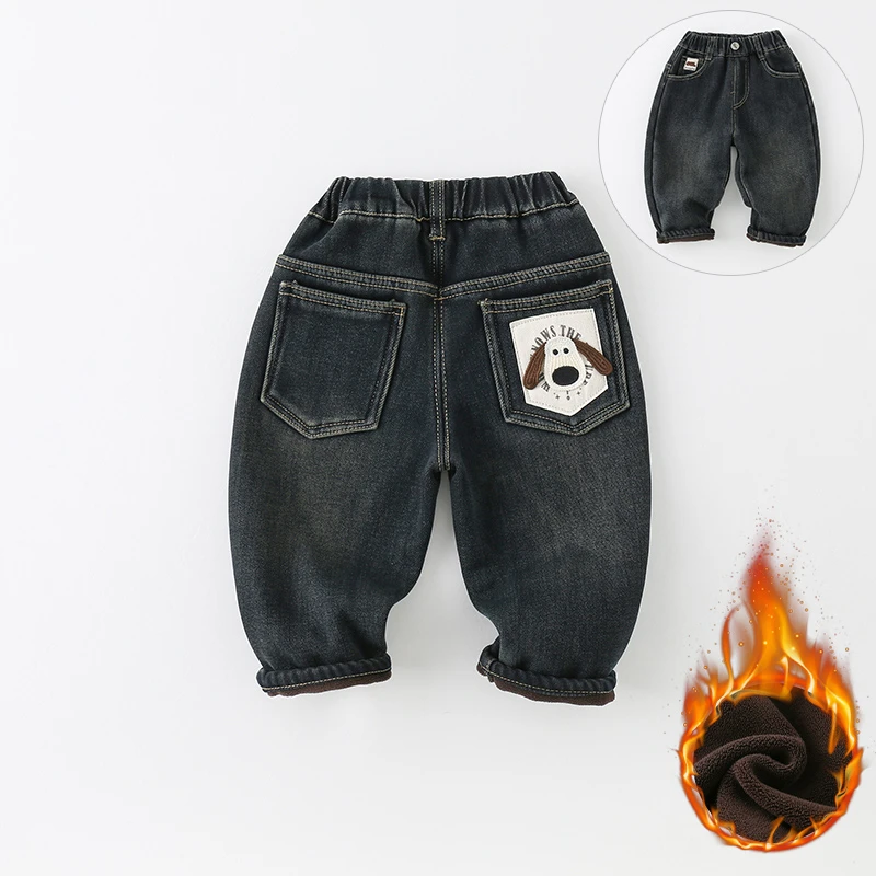 【清货】儿童加绒牛仔裤冬季2024新款男童卡通贴标裤子AK1025