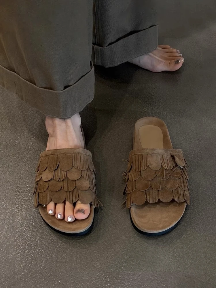 夏季版~老钱风复古防滑厚底沙滩鞋女流苏平底圆头露趾一字凉拖鞋