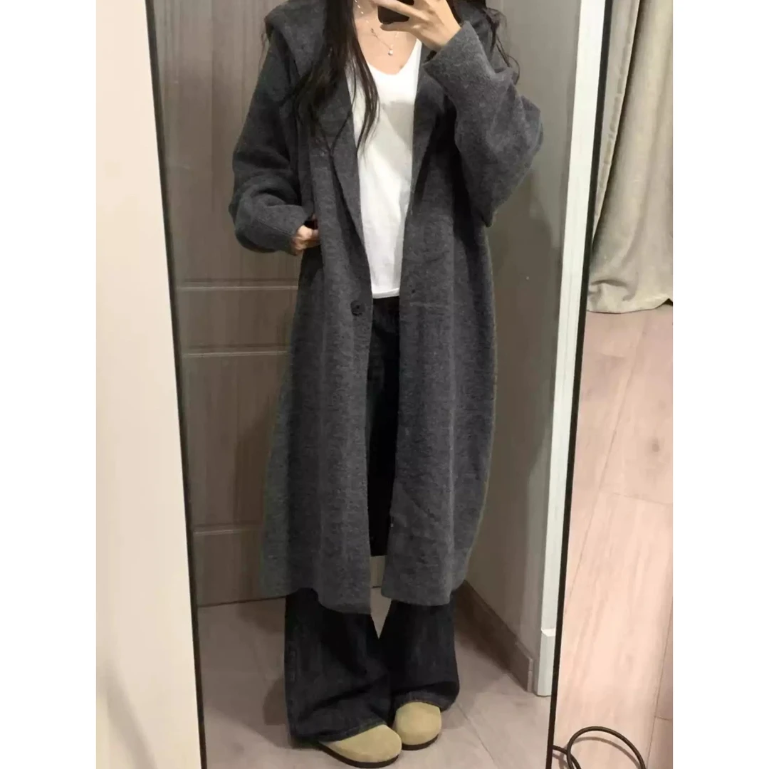 2025秋冬新款慵懒风连帽针织开衫过膝宽松加厚毛衣外套女装大衣