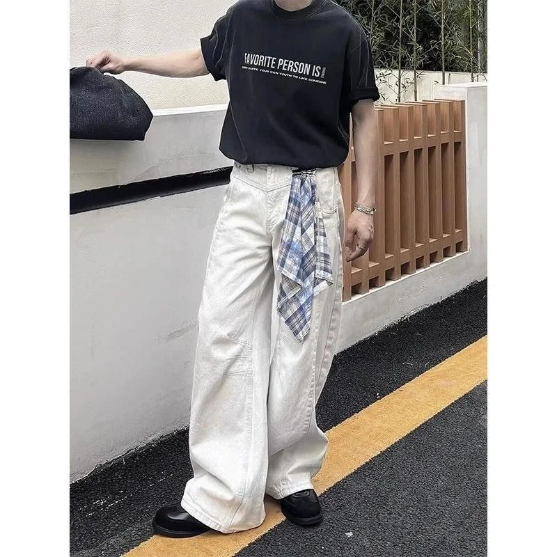 美式黑色弯刀牛仔裤男女别致拉链可拆方巾设计垂感镰刀宽松阔腿裤