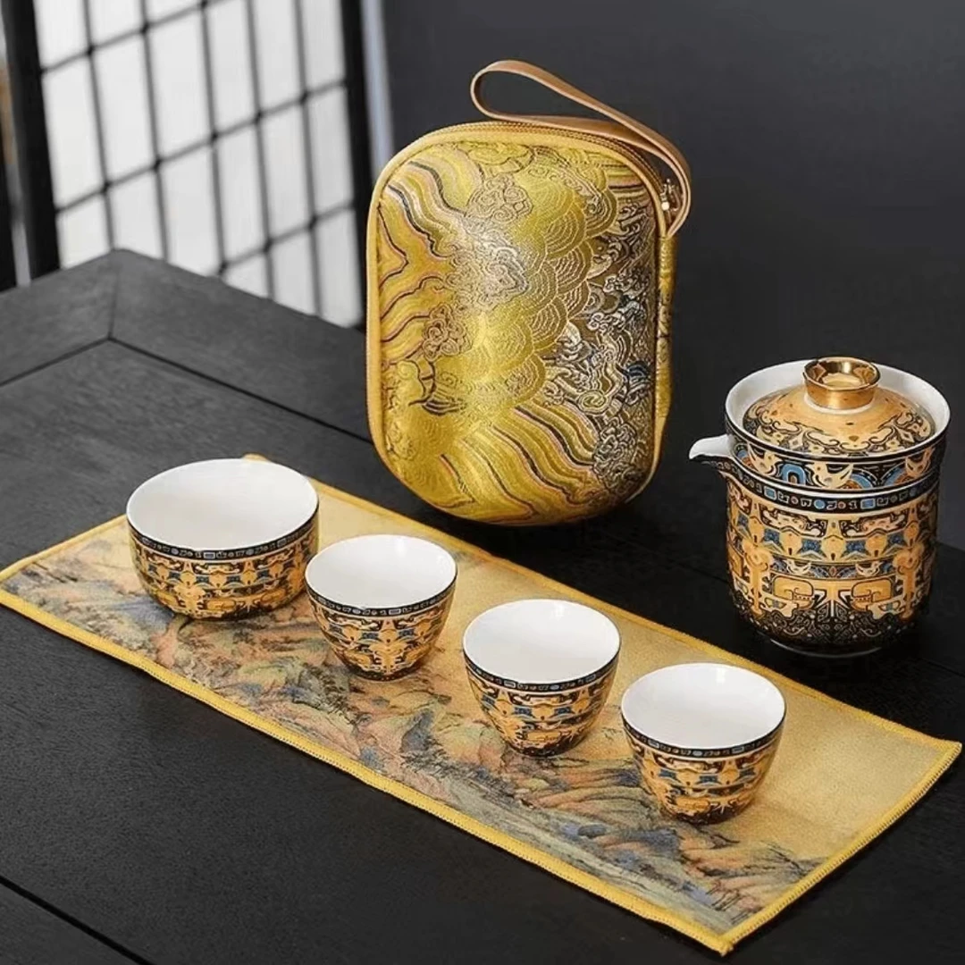唐卡高档户外防烫茶具创意快客包轻奢车载陶瓷茶具套装描金快客杯