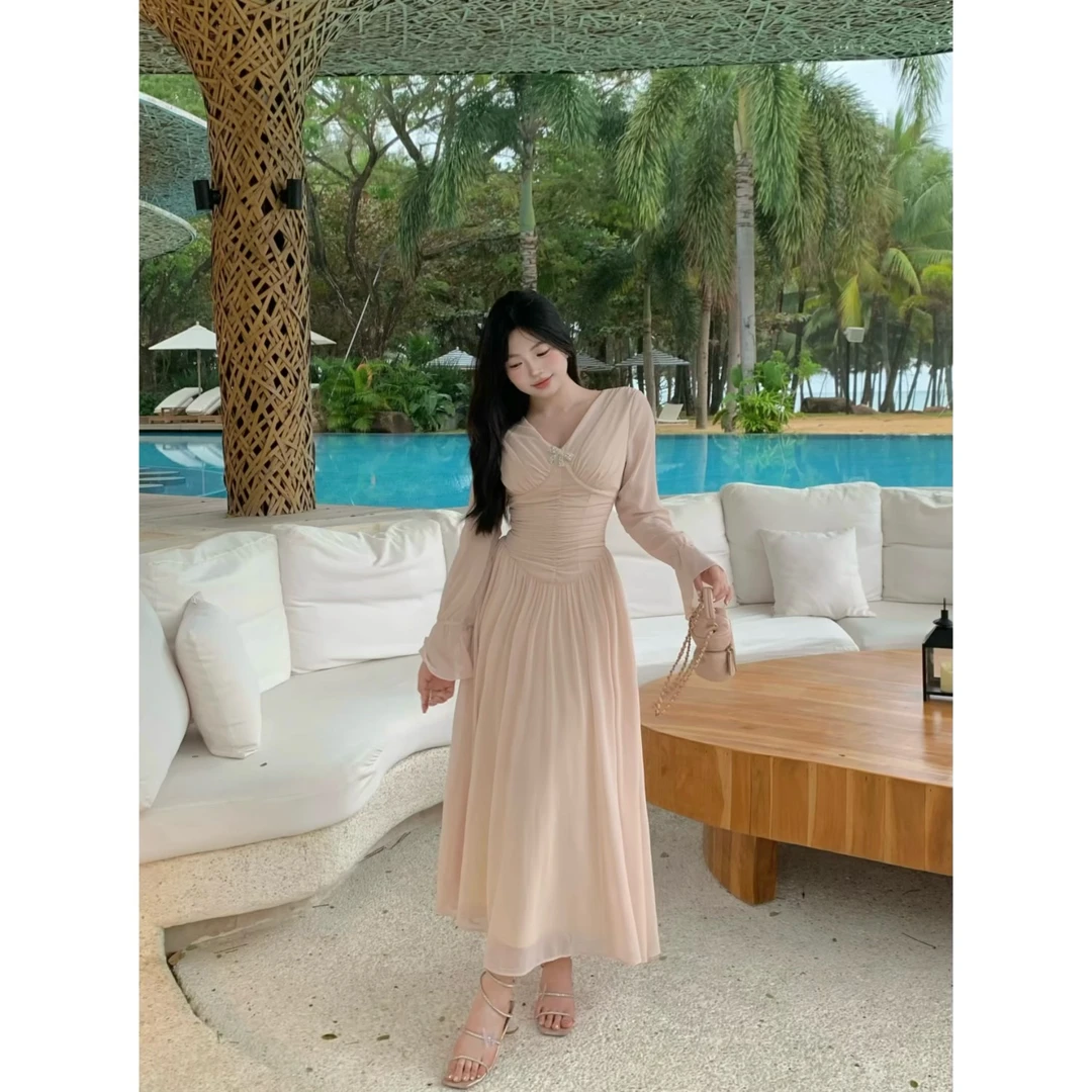 MengFairy清清【粉嫩蜜桃 长裙】法式纯欲V领长袖连衣裙 4383套装