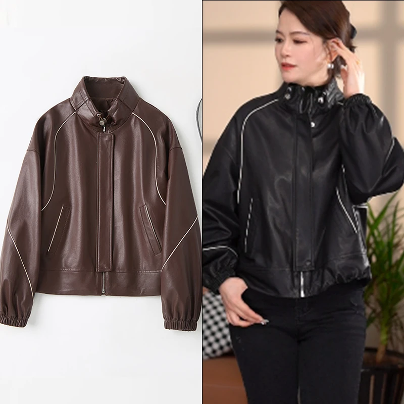 法歌弟FS0025真皮皮衣女新款绵羊皮宽松显瘦短款棒球服美拉德风