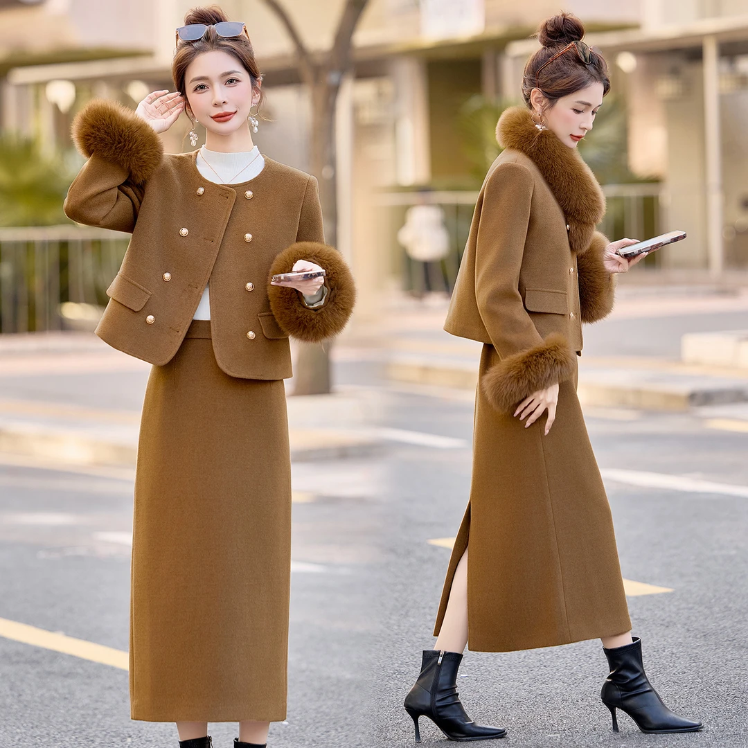 冬季毛呢羽绒服套装裙女高级感时尚洋气小香风白鸭绒半身裙两件套