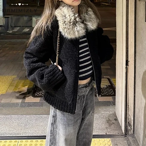 “倔强小狼”定染毛领小颗粒羊羔绒黑色毛外套韩版短款上衣百搭时尚