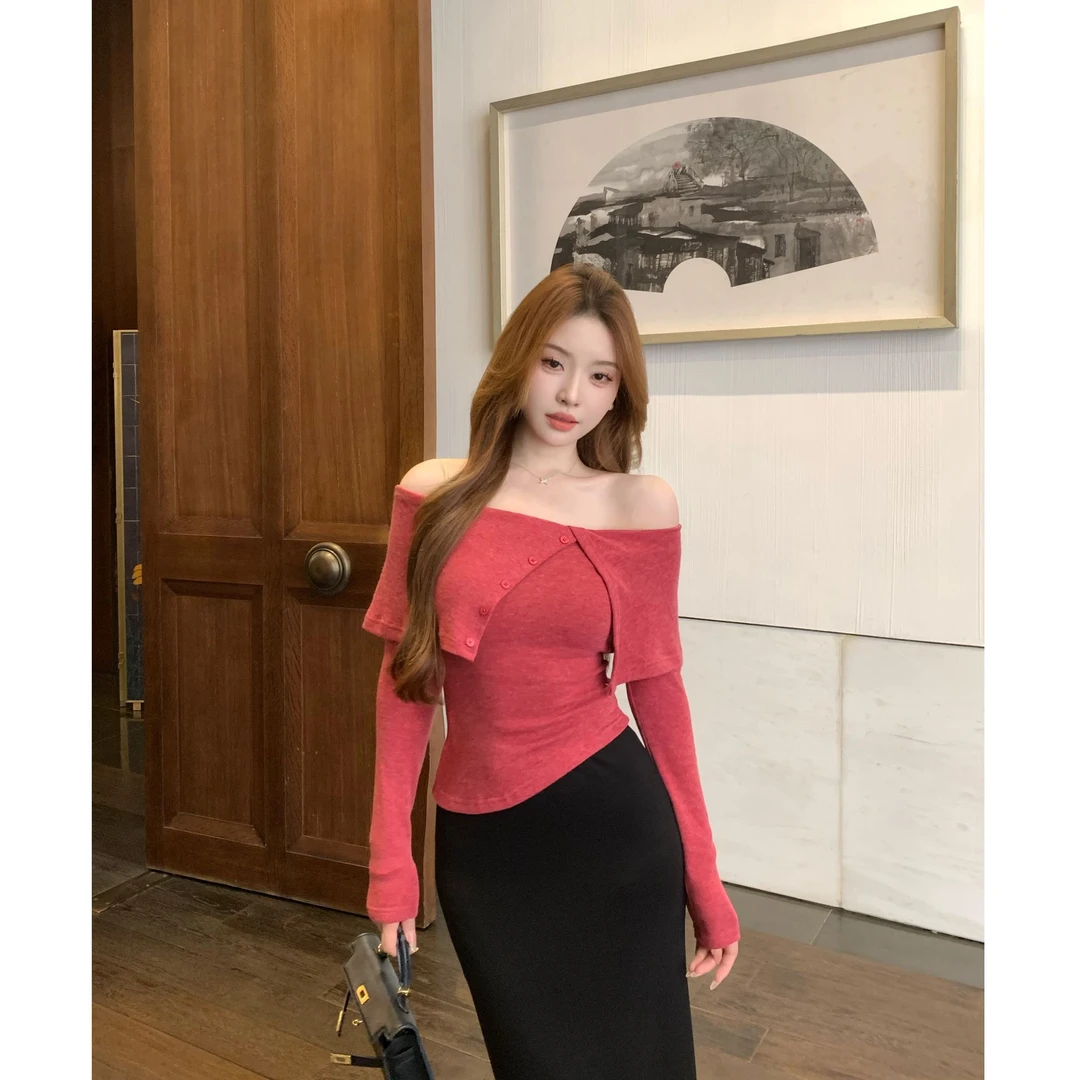 SZA【烟罗寒水】秋季新款设计感一字肩不规则长袖针织衫A-2352