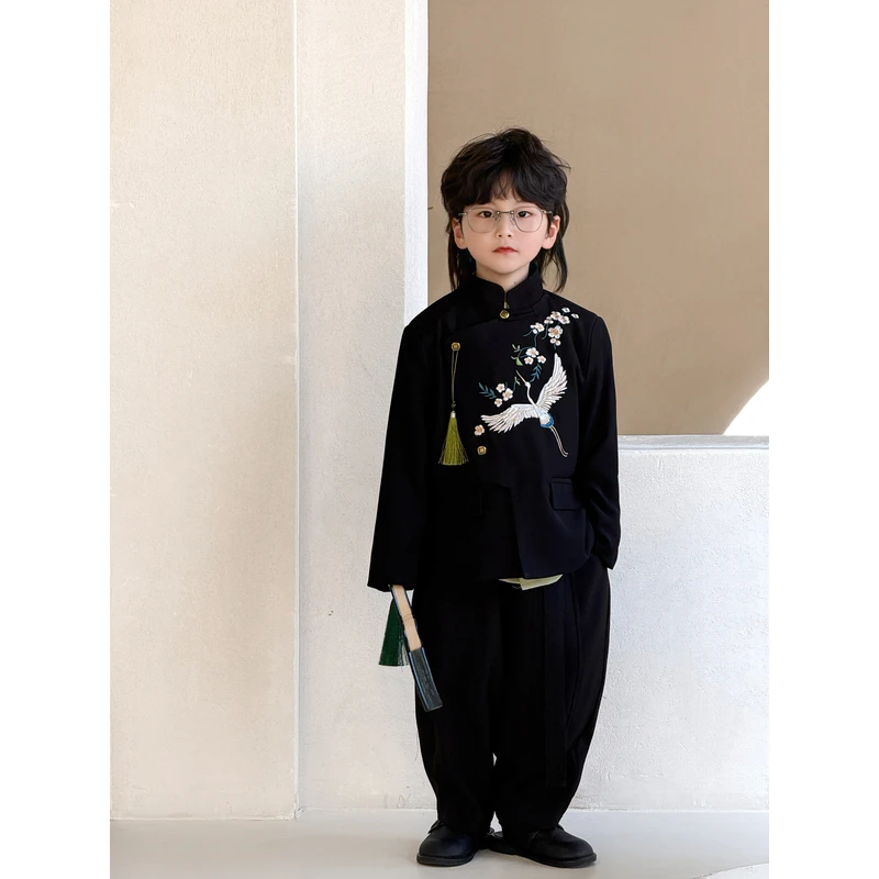 【鹤鸣九嗥】2025春款仙鹤立领炸儿童西装上衣高级设计师定制25109
