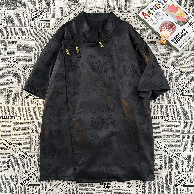 中国风斜襟短袖衬衫宽松盘扣提花冰丝金属扣汉服男小众设计感衬衣