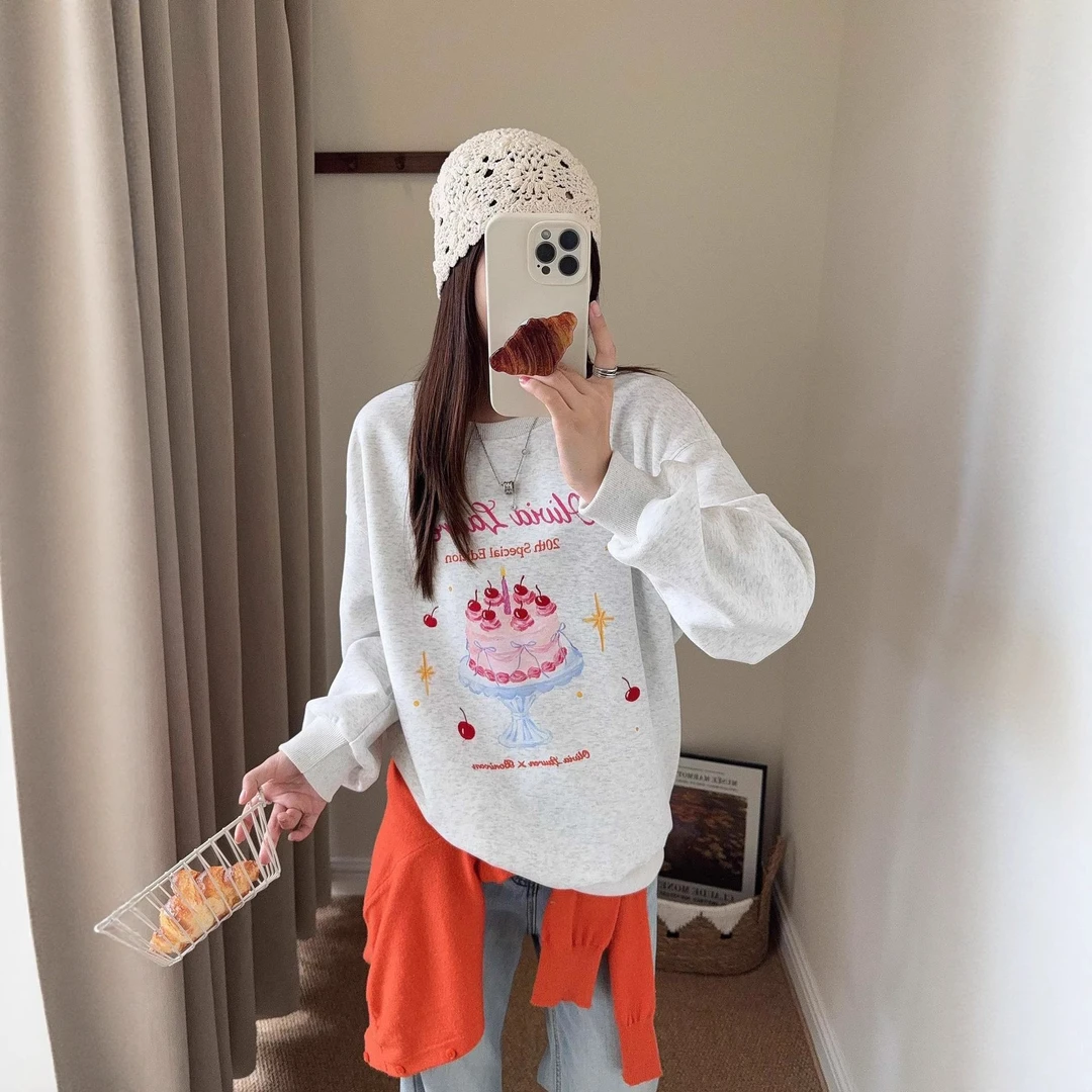 韩代甜美系樱桃刺绣蛋糕涂鸦卫衣女秋季新款宽松百搭休闲长袖上衣