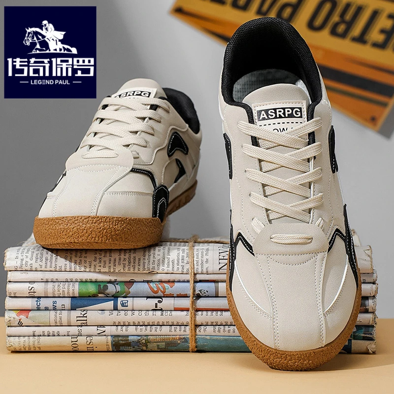 传奇保罗正版男鞋冬季防滑薄底阿甘板鞋青少年简约皮面德训鞋大码