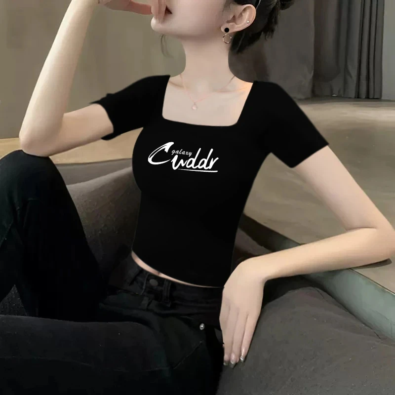 黑色正肩短袖t恤女2025夏季新款紧身高级感洋气方领齐腰印花上衣