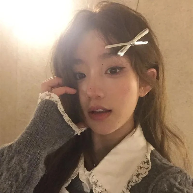 银色韩国皮质蝴蝶结发夹简约甜酷刘海发卡前额碎发夹子侧边发饰